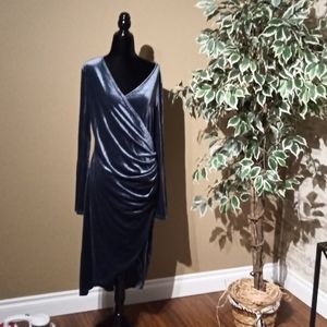 🎈 XL Bodycon Blue Velvet V Neck Split Wrap Elegant Midi Dress